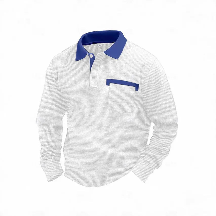 Men's long sleeve waffle texture polo shirt in loose fit with asymmetric design