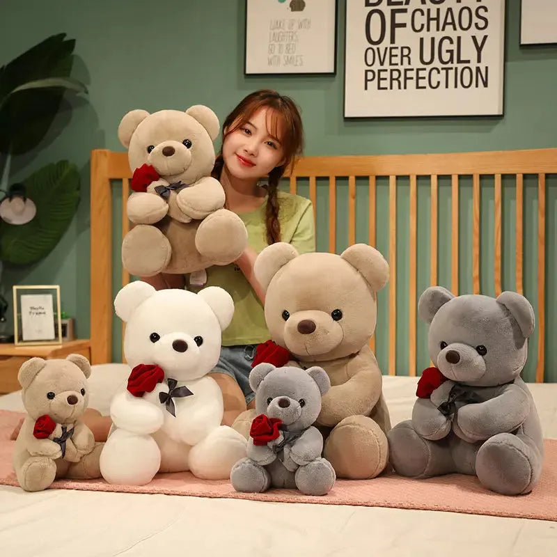 Rose bear teddy plush pillow in brown, beige, or grey with soft PP cotton filling