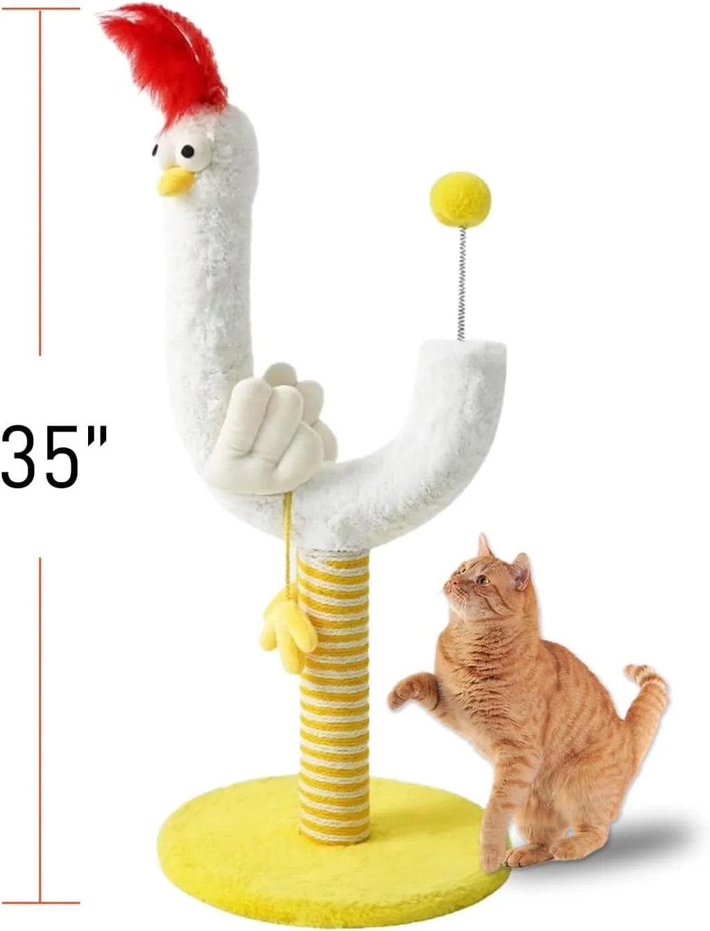 Yellow vertical cat scratching post with sisal wrapping, chicken strip design and spring ball attachment