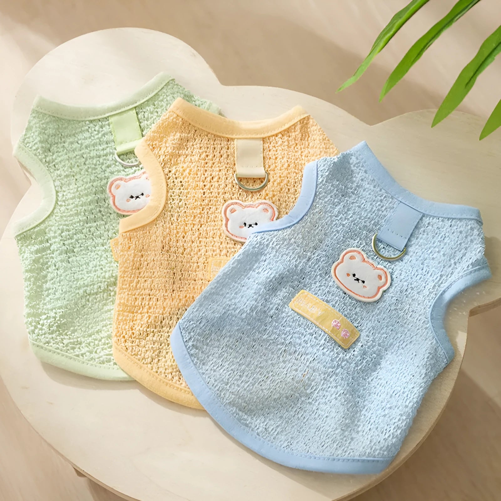 Cat wearing hollowed-out bear patch clothes in knitted fabric with breathable design