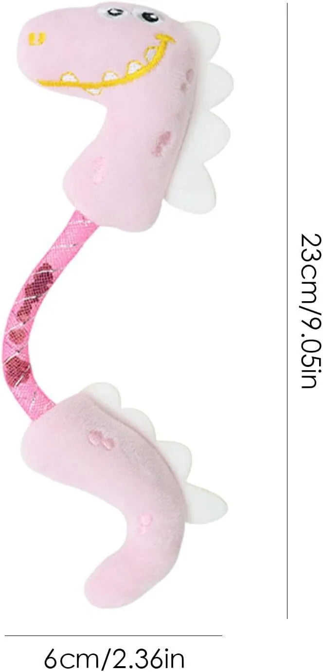 Four cat chew toys including plush mouse, fish, bunny, and chew toy in pink, purple, and yellow colours