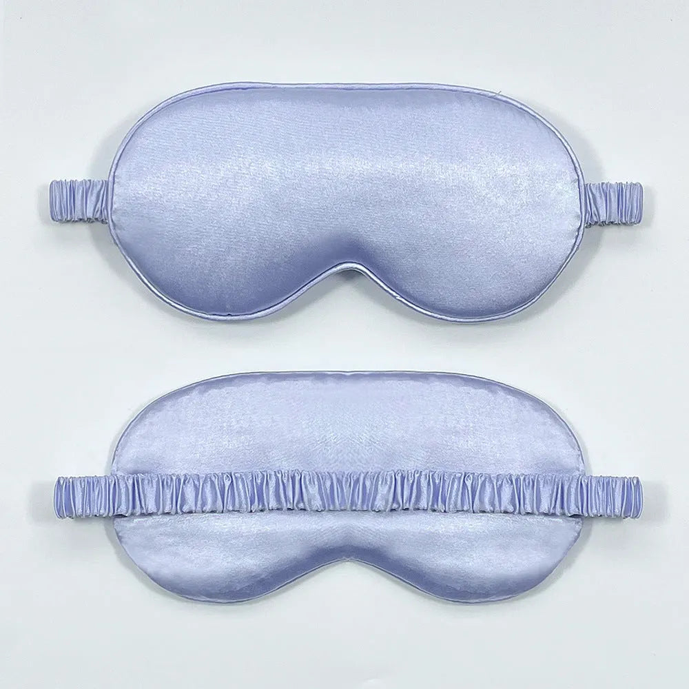 Double-sided rayon elastic satin sleep mask shown in multiple colour options including black, sky blue, and wine red.