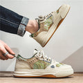 Men's casual canvas shoes in Milan green or beige colours with flat heel and round toe design