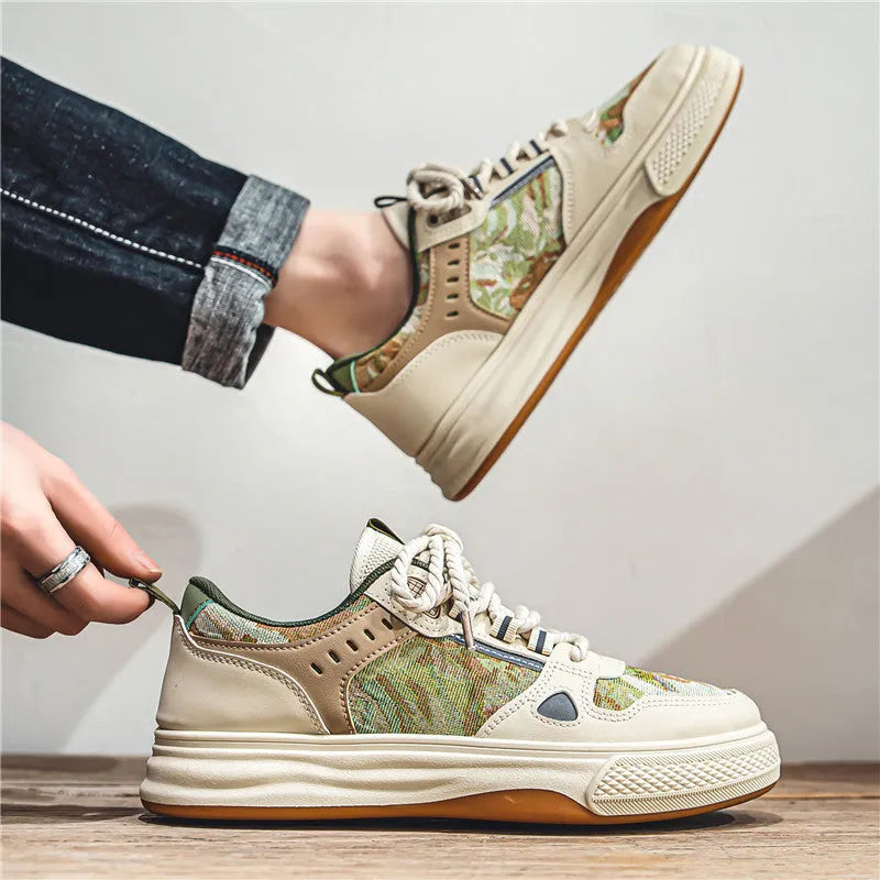 Men's casual canvas shoes in Milan green or beige colours with flat heel and round toe design