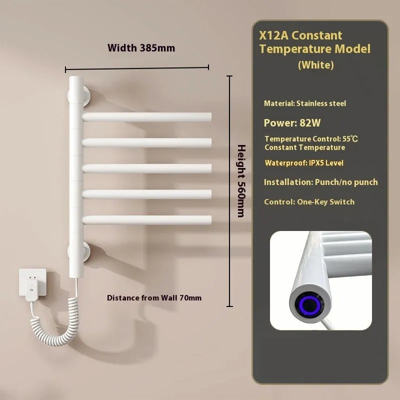 5-layer stainless steel electric towel rack in black with punch-free mounting and WiFi control