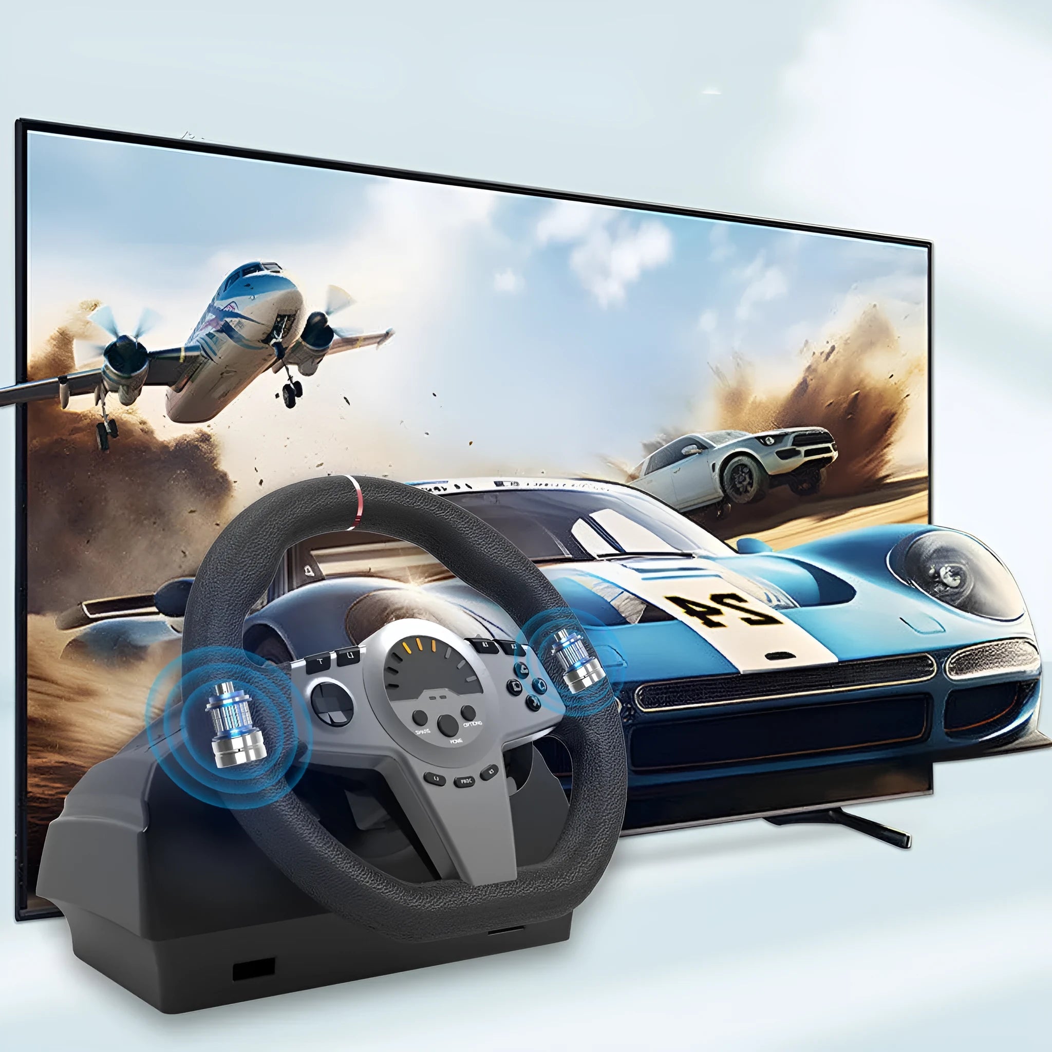 Black multi-platform gaming steering wheel with two pedals and a manual mounting bracket on a desk.