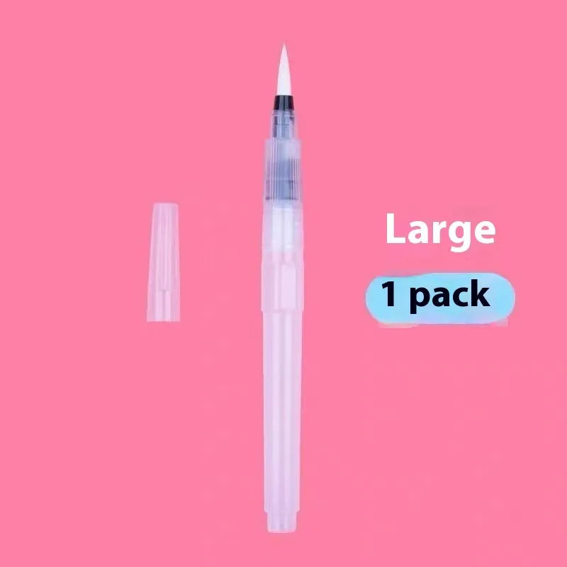Six-piece watercolor pen set with pointed and flat tips in assorted sizes, plastic body