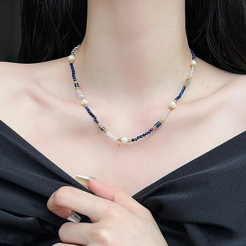 Women's Chinese retro natural stone pearl crystal necklace with adjustable chain, blue natural stone stringed pearls style