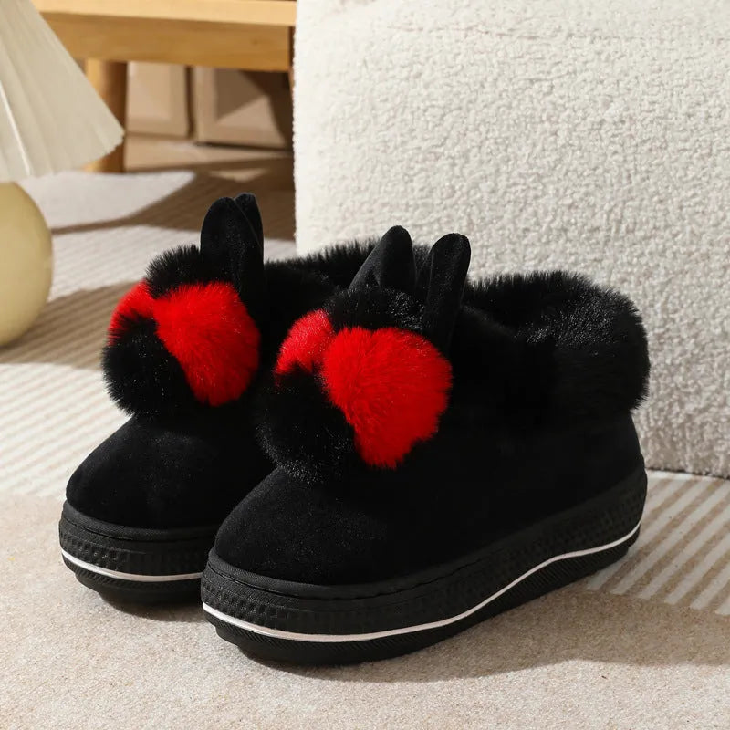 Winter high heel thick-soled slippers in grey with plush upper and TPR non-slip sole