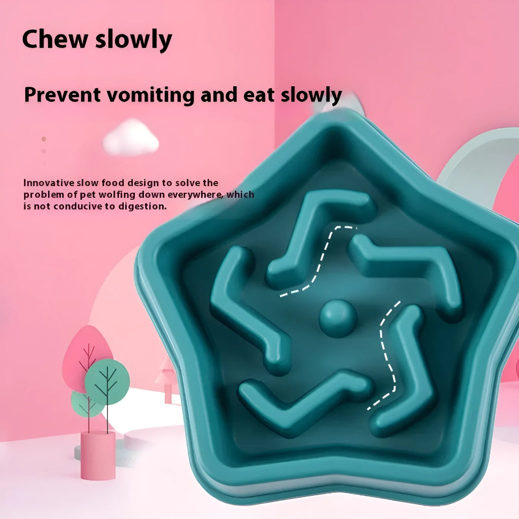 Yellow plastic dog slow feed bowl with pet-shaped obstacle inside