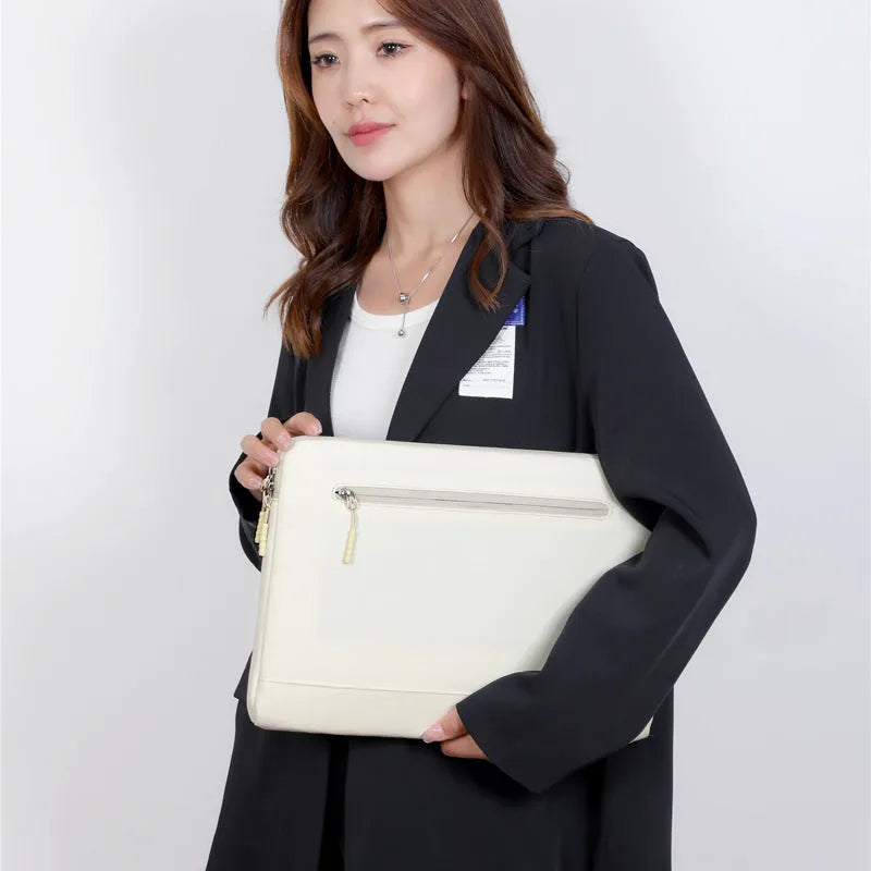 Oxford cloth laptop bag in beige with soft handle and zipper closure