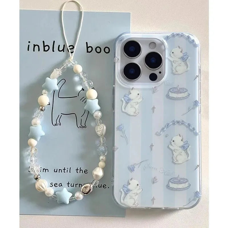 Blue and white striped cat lanyard phone case for Apple iPhone with fall protection