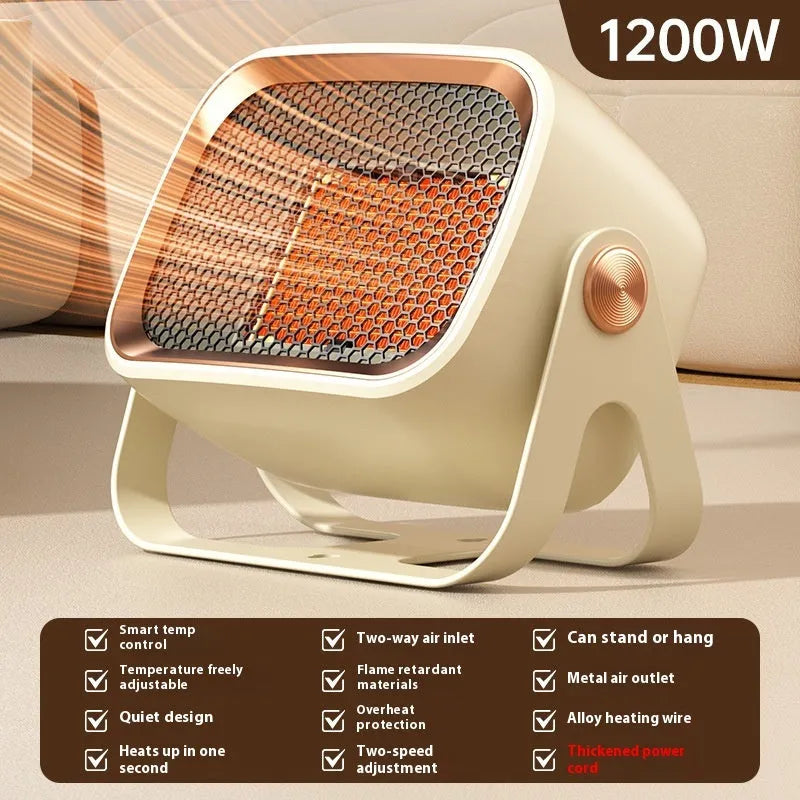 Compact white desktop ceramic heater showing rotatable base and control buttons.