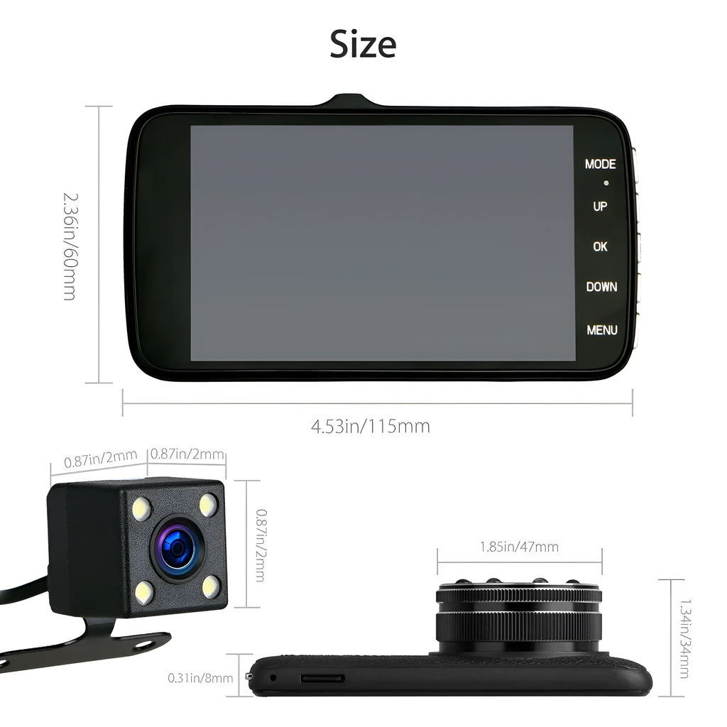 HD driving recorder with 8 night vision lights on windscreen mount showing 4.0 inch screen