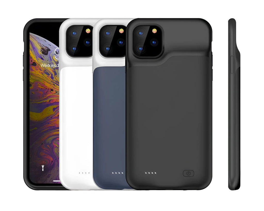 Black silicone iPhone battery charger case showing front and back, compatible with multiple iPhone models.
