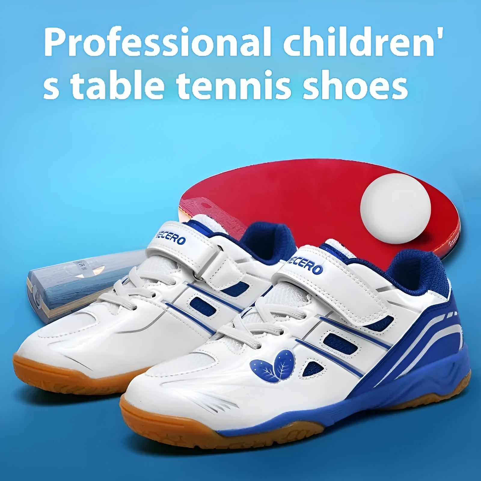 White and blue low-top PVC badminton shoes with round toe and ribbed sole.