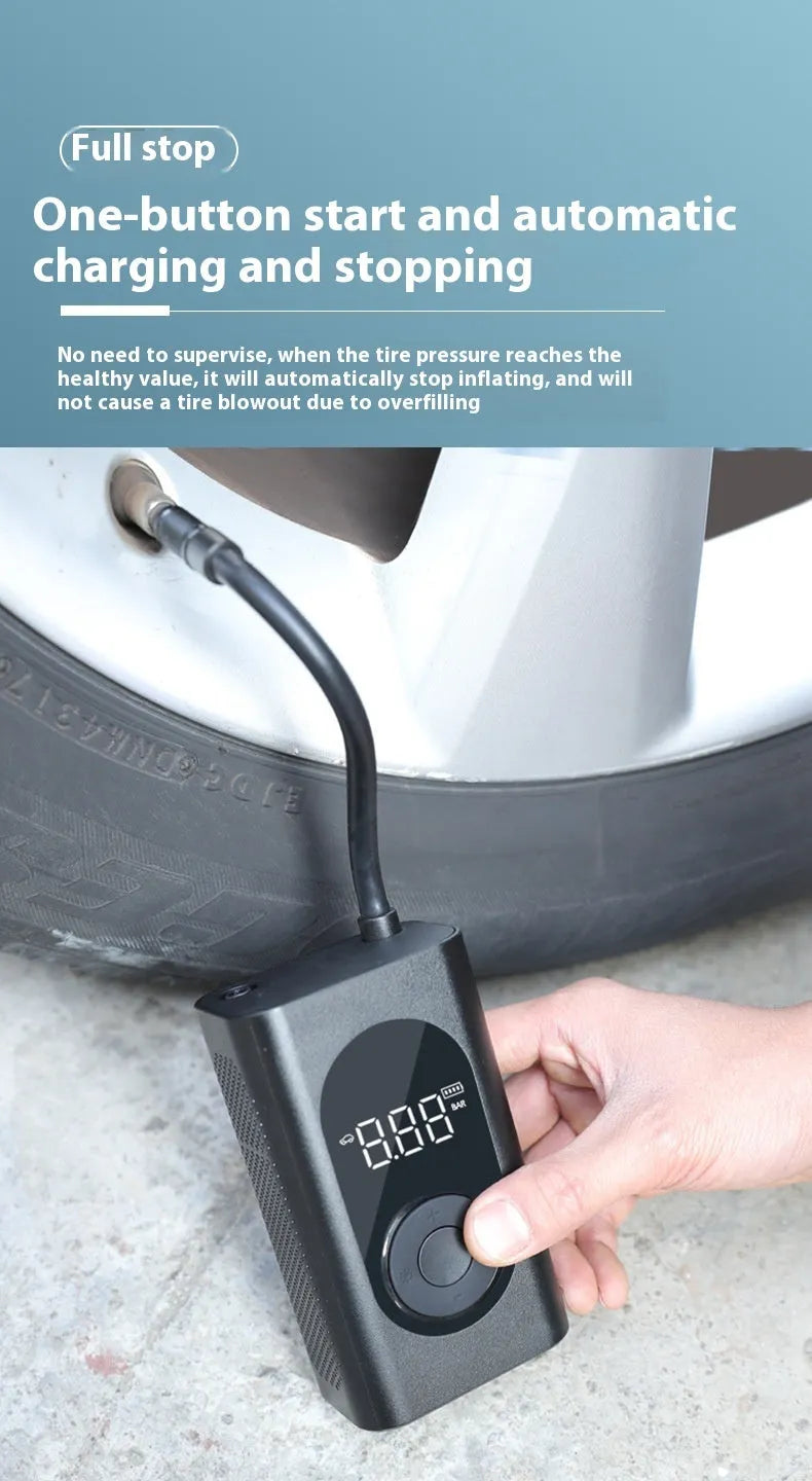 Mini wireless handheld tire inflator with ABS PC body, power bank and flashlight, 198 x 75 x 52 mm