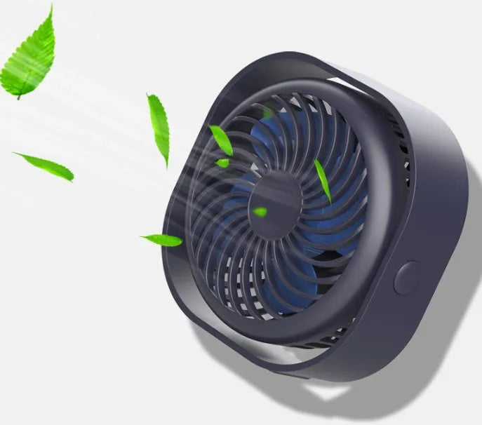 USB-powered desk fan with 360-degree rotation in a modern simple style, shown in blue.