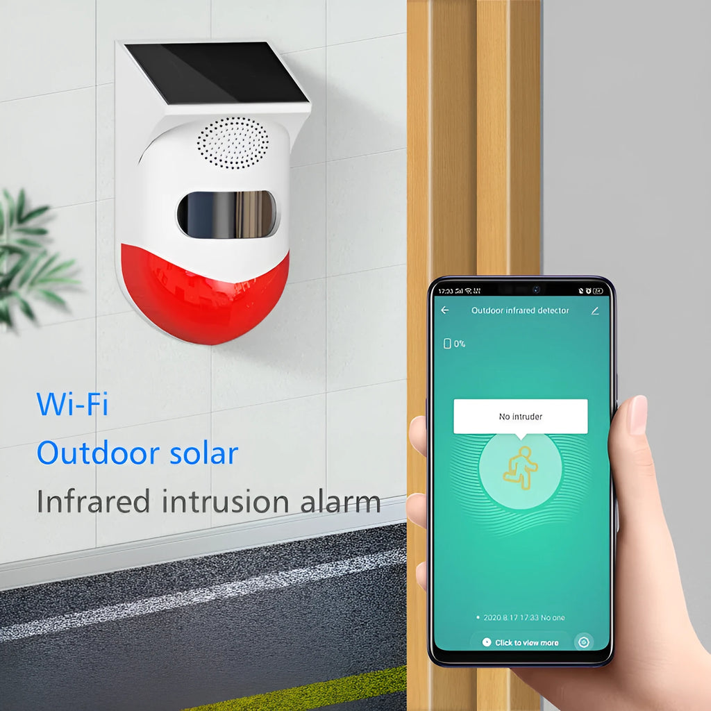 Wireless solar-powered infrared security alarm with remote control for outdoor perimeter detection