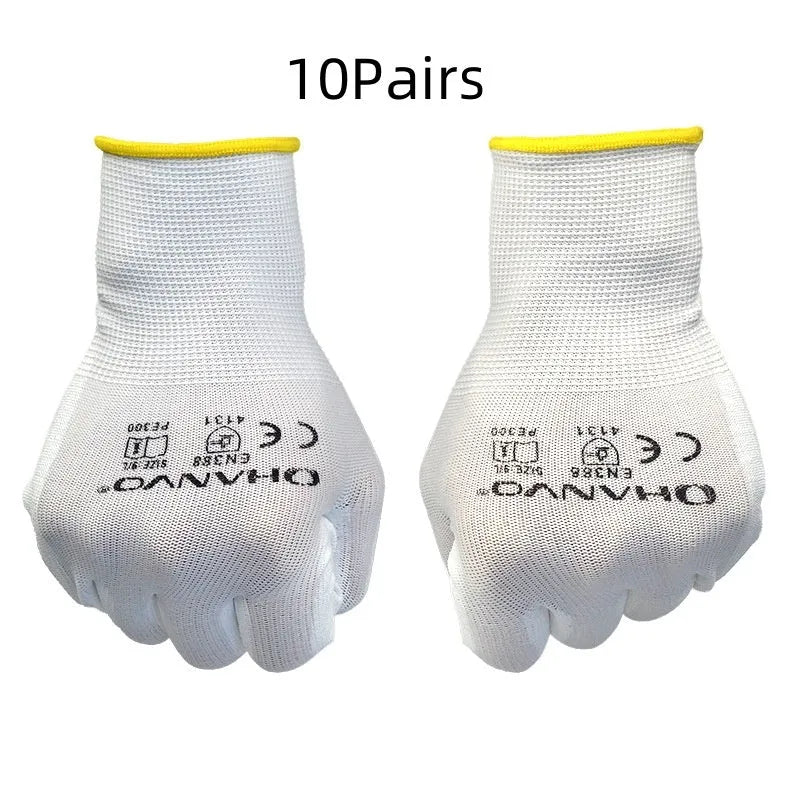 White PU coated work gloves with breathable flexible design for labour and gardening protection