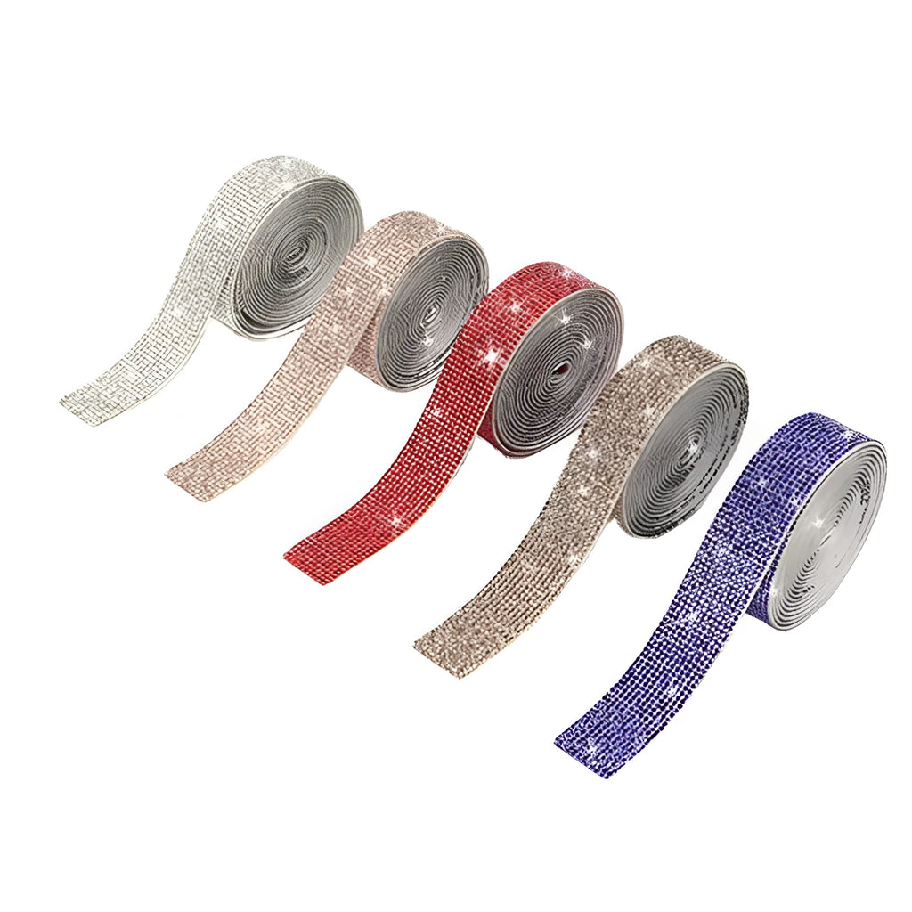 Electroplated glass self-adhesive water drill strip in white and AB colour, showing different width sizes.