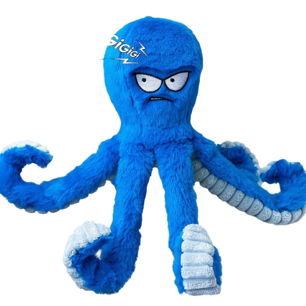 Blue stuffed octopus dog toy with squeaker and crinkly tentacles for interactive tug of war