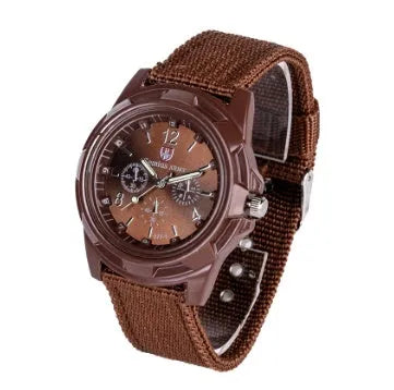 Cloth belt weaving military watch with quartz movement 40.5mm round dial and textile strap on display
