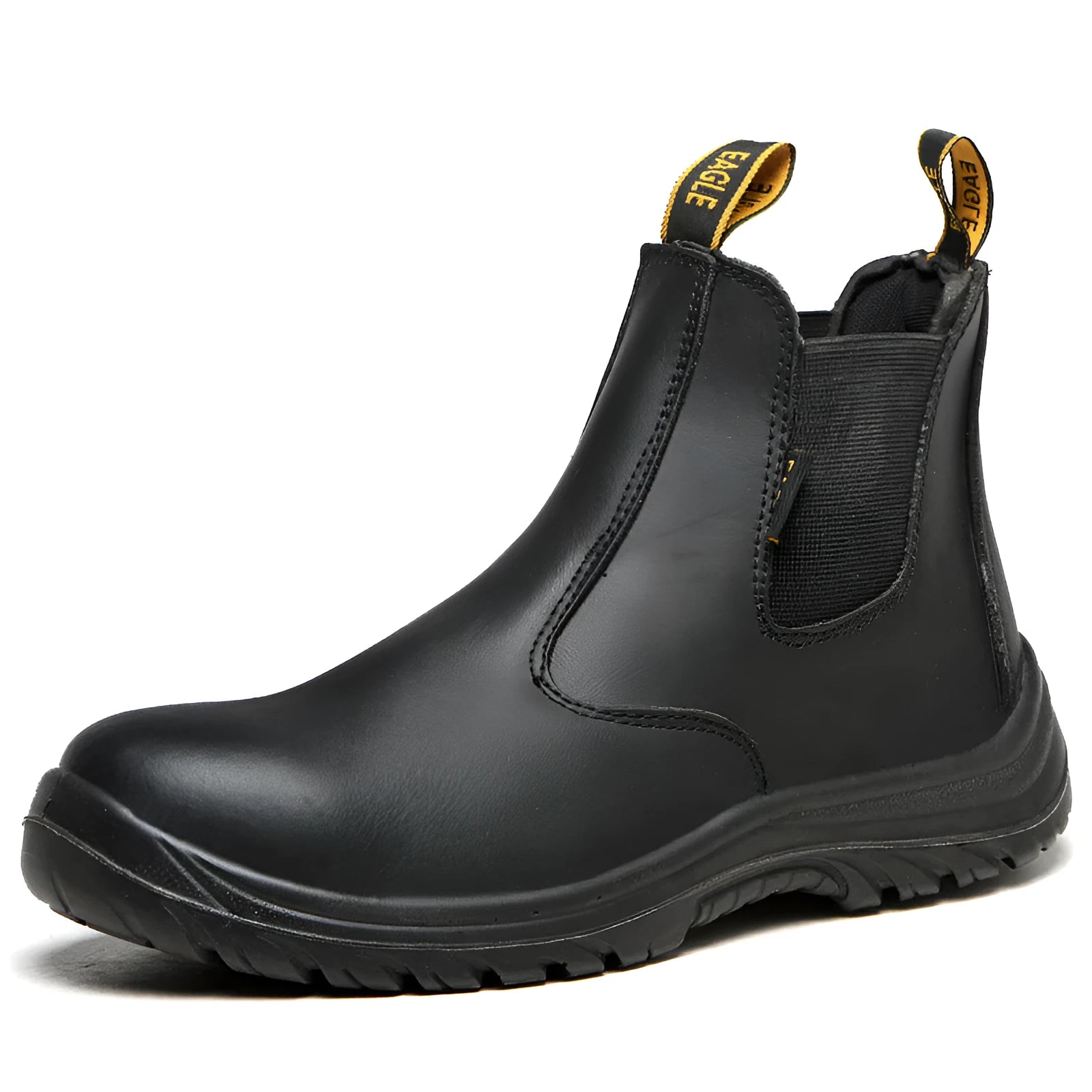 Black leather safety work boots with high-top design and anti-piercing soles