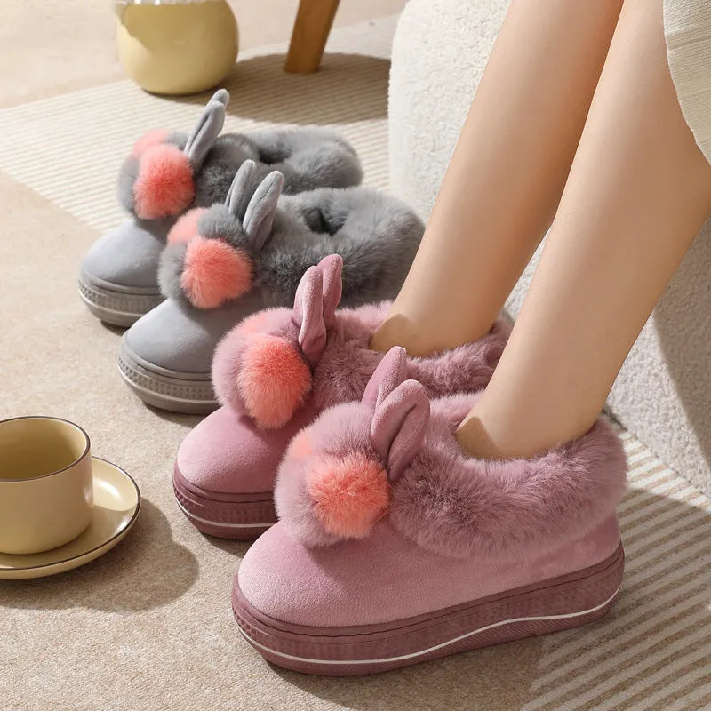 Winter high heel thick-soled slippers in grey with plush upper and TPR non-slip sole