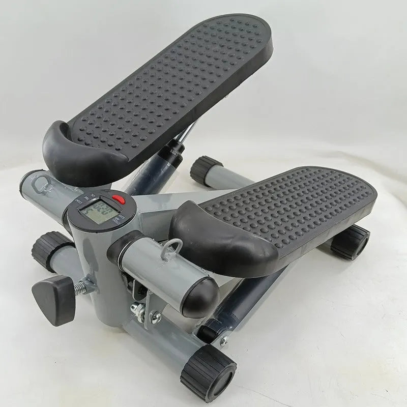 Silver grey household mini treadmill with hydraulic resistance system for waist slimming.
