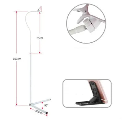 Black mobile phone bed bracket with clamp mount and overhead support shelf for bedside use