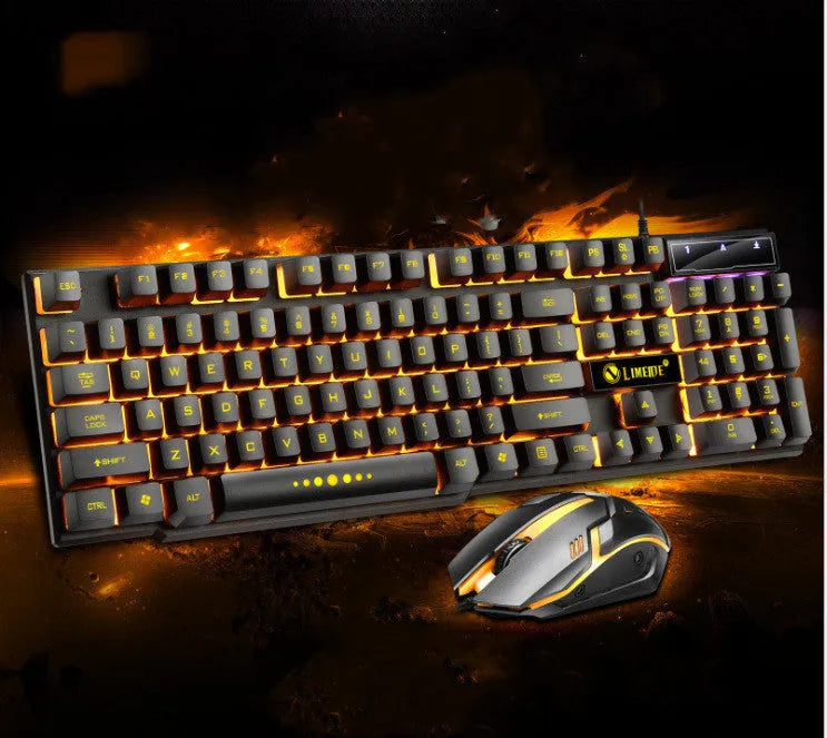Limei Gtx300 black and white gaming keyboard and mouse set with backlight on desktop