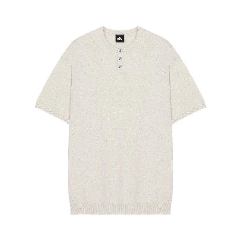 Men's black slim-fit short-sleeved knitted pullover shirt made from Vinylon fabric.