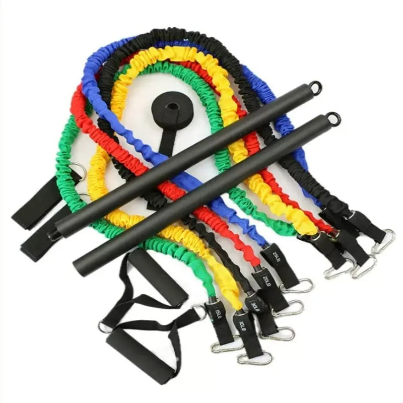 Push-and-pull rod fitness stick with rope resistance system showing two-segment construction