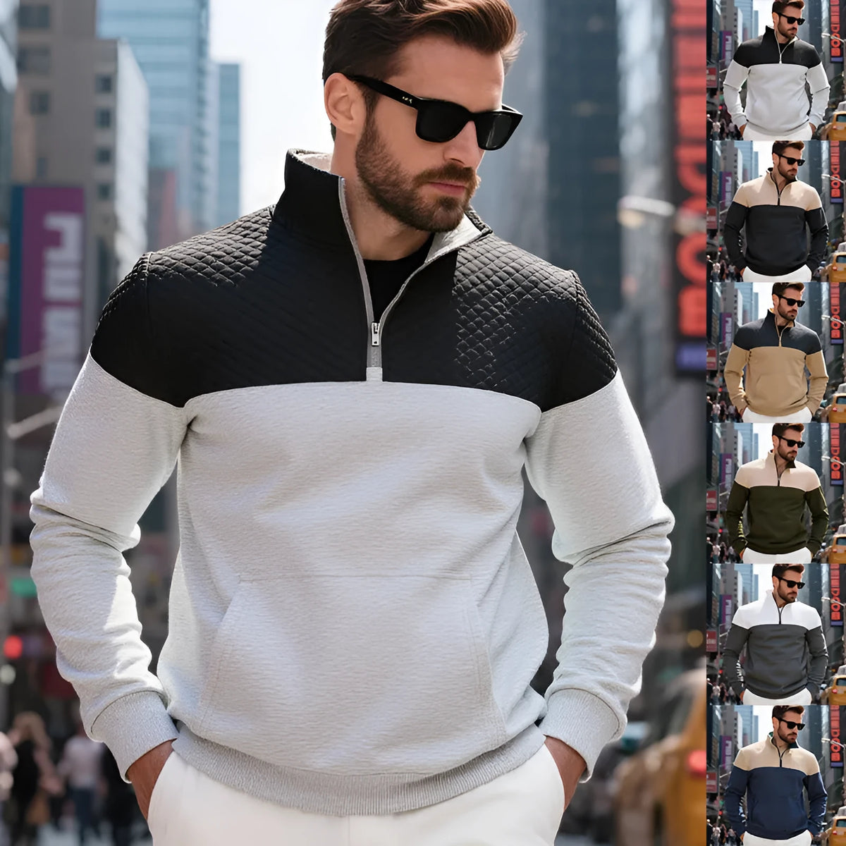 Men's plus size fleece-lined sweater with stand collar and zipper in dark blue, loose fit.