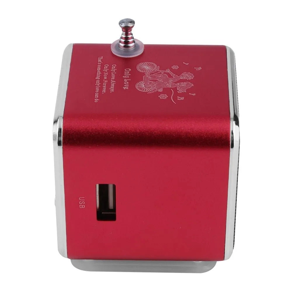TD-V26 portable mini FM radio speaker MP3 player with LCD display and aluminium alloy body in silver