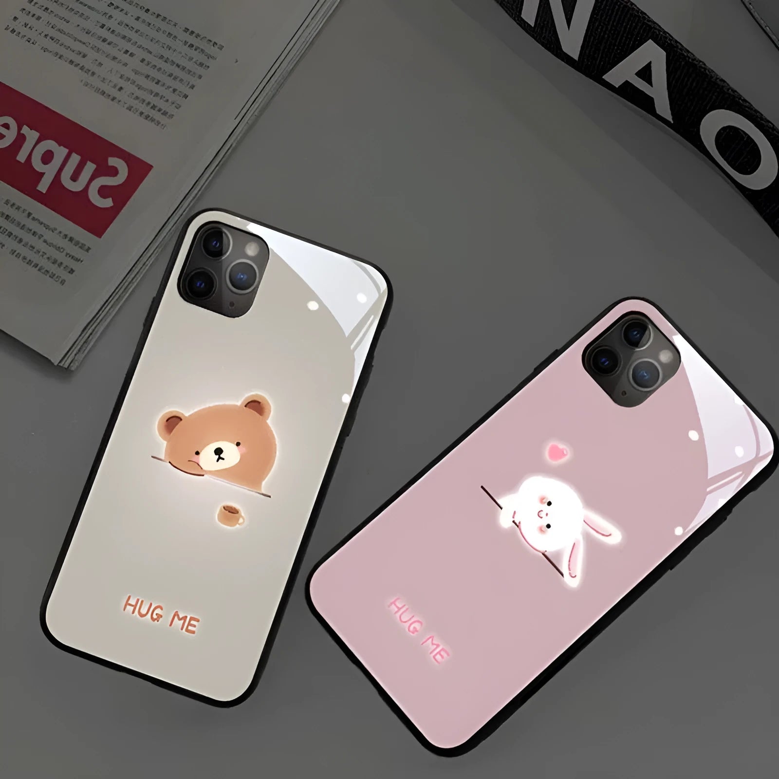 Compatible Apple iPhone LED phone case with tempered glass back glowing with pink and purple lights