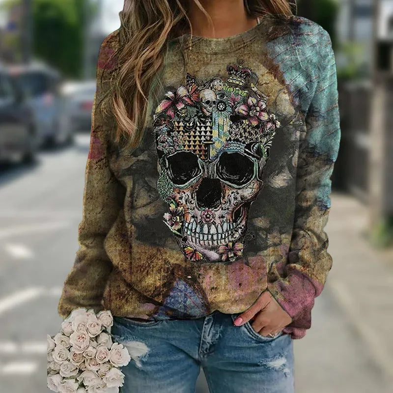 Black long sleeve sweatshirt with white skull print design, showing front graphic and sleeve detail