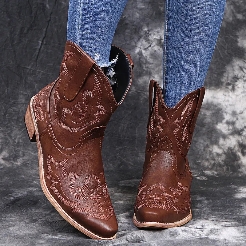 Blue women's cowboy boots with embroidery detail, wedge heel, and pointed toe.