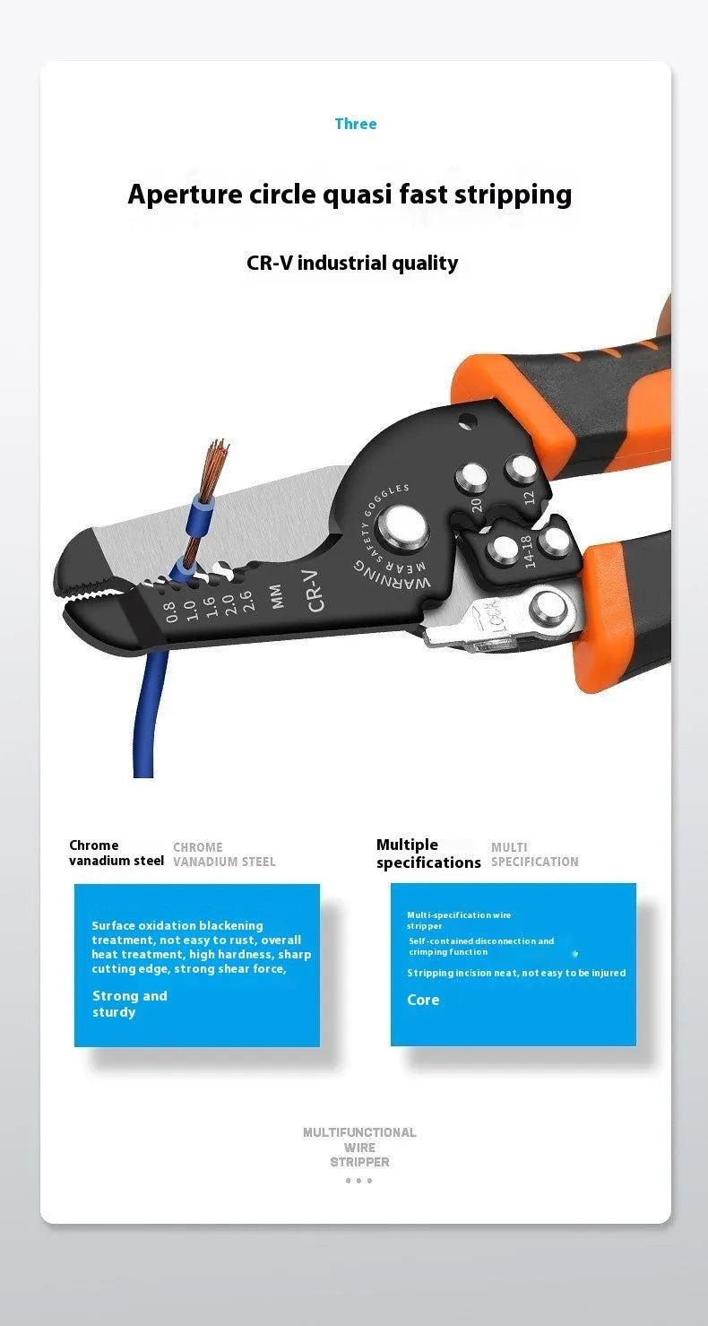 Fully automatic wire stripping pliers tool with a metal body on a white background.