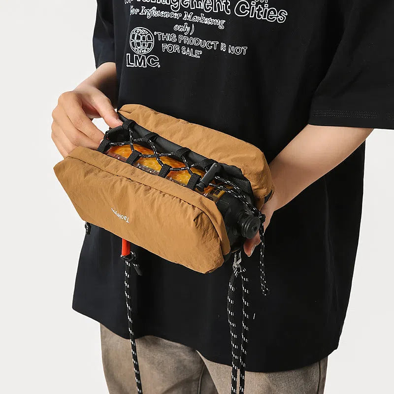 Women's sports crossbody bag nylon pillow shape 22cm length 4cm width 9cm height stitching black