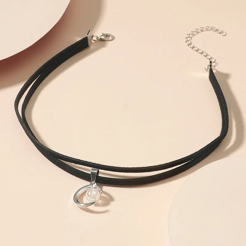 Korean style double-layer moon pendant necklace with acrylic beads and velvet alloy chain