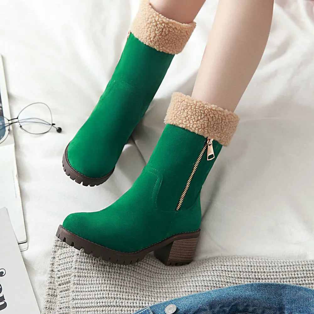 A pair of snow boots with a rubber sole and plush lining, shown in one of four available colours.