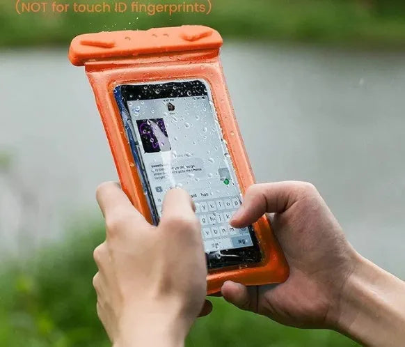 Orange waterproof phone pouch with double airbag design and a black adjustable neck rope.