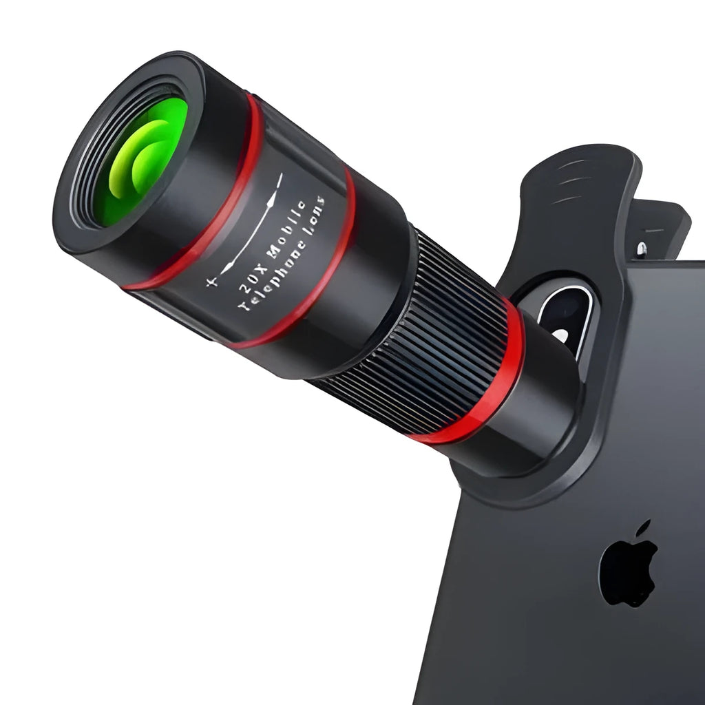 20x magnification mobile phone telephoto lens with universal mounting clip and single eye mask.