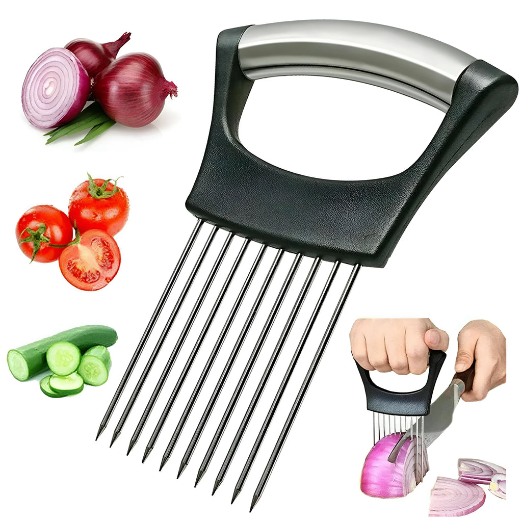Stainless steel food slice assistant with onion holder and non-slip design