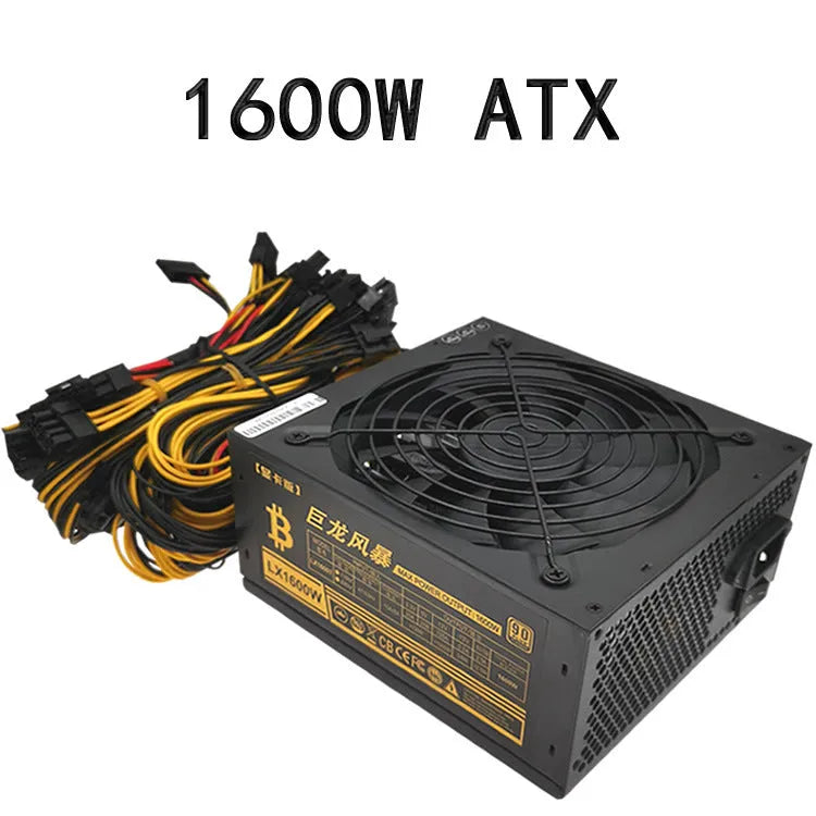 Black server power supply unit with cooling fan and multiple cable connectors