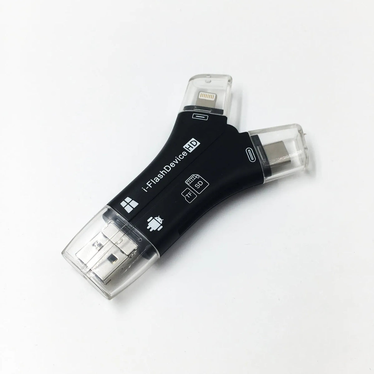 White 4-in-1 card reader for iPhone and Android with SD and Micro SD slots