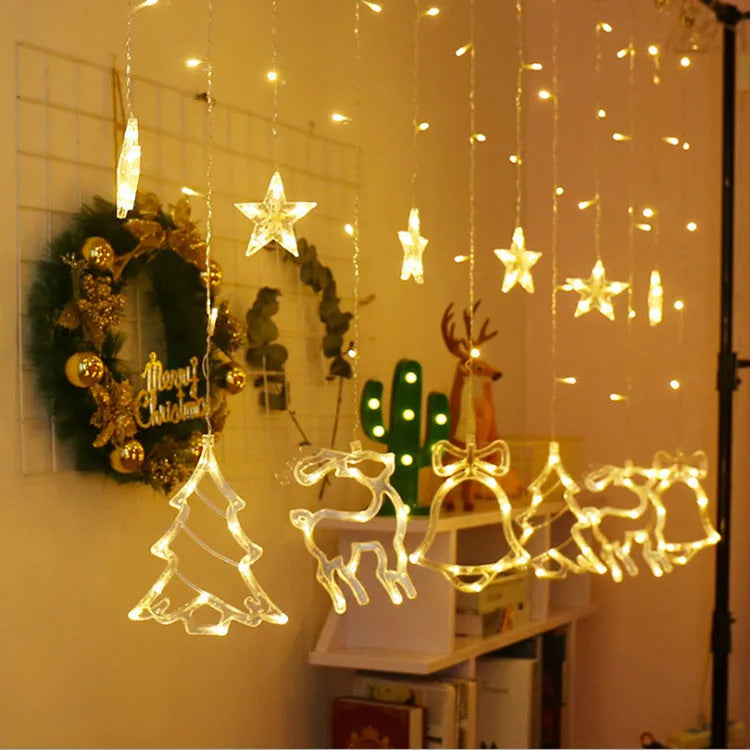 4-metre Christmas LED curtain lights with stars and moons, 138 LEDs, 8 modes, UK plug for indoor window decoration