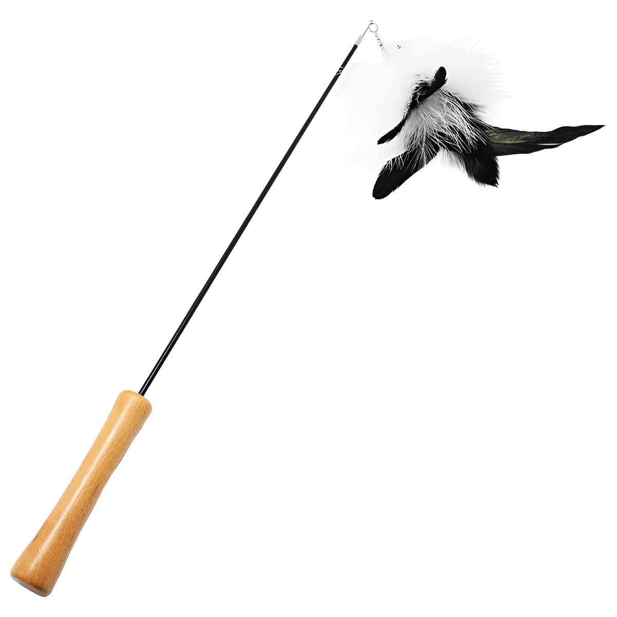 Funny cat stick with 14cm wooden handle, 66cm flexible rod, 80cm total length, fur head, feather and bell